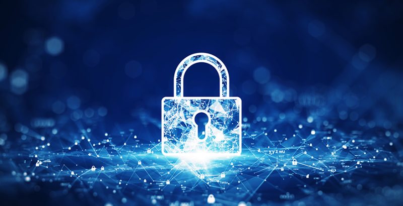 cybersecurity information protection technology concept There is cybersecurity information protection technology concept There is a large padlock in the middle. Small padlock binary polygons are connected to the center focus. Outer blur with dark blue background.